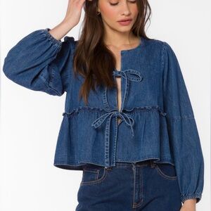 Velvet Heart Abbie Denim Peplum Top Size Large Tie Front Balloon Sleeve Blue